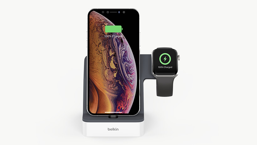 iPhone and Apple Watch on the charging dock, facing foward